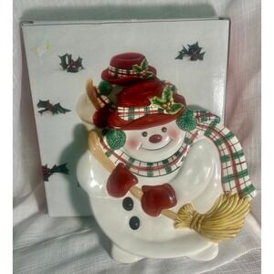 Fitz & Floyd Plaid Christmas Snowman Canapé Plate Scarf Broom Ceramic 2063/126